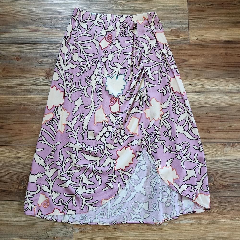 Knox Rose Skirt Womens XS Purple Floral Drapey A-line Midi